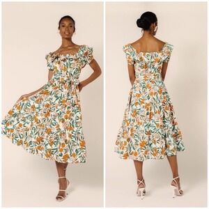 Rachel Parcell Sz 4 Orange Citrus Floral Off Shoulder Midi Dress Cottagecore